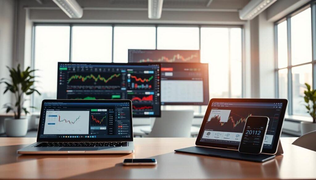 A serene, well-lit office space showcasing various trading platforms and tools for beginner investors. In the foreground, a sleek laptop displays multiple windows, each highlighting different charting, analysis, and trading functions. On the desk, a tablet and smartphone seamlessly integrate with the laptop, demonstrating the cross-device connectivity of the platforms. In the middle ground, a large monitor displays a dynamic financial dashboard, presenting real-time market data and performance analytics. The background features floor-to-ceiling windows, allowing natural light to flood the space and create a sense of openness and transparency. The overall atmosphere conveys a professional, yet approachable environment, making the complex world of finance accessible to those new to the industry.