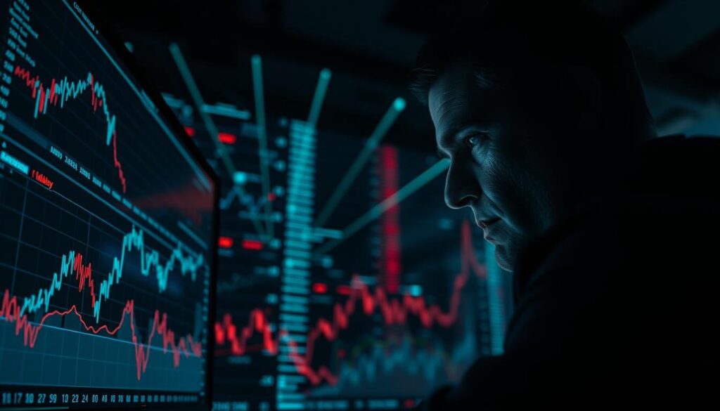 A sharp, cinematic depiction of the foreign exchange market's risks and uncertainty. In the foreground, a trader scrutinizes a digital display, brow furrowed, as graphs and charts portray volatility and market fluctuations. In the middle ground, a network of financial data streams, pulsing with real-time information. The background casts a moody, chiaroscuro ambiance, evoking the high-stakes, ever-changing nature of currency trading. Dramatic lighting from a single source creates deep shadows, emphasizing the gravity of the situation. A wide-angle lens captures the scene with a sense of scale and drama, conveying the complexity and risk inherent in navigating the currency market.