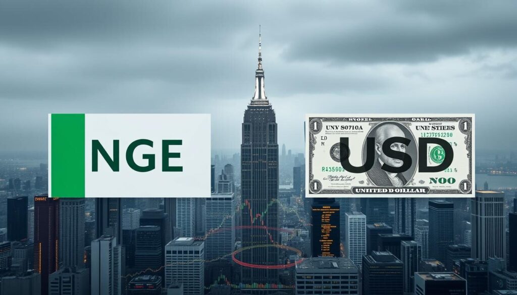 A side-by-side comparison of a Nigerian Naira (NGN) and a United States Dollar (USD) trading account, depicted against a backdrop of a global financial landscape. In the foreground, the two account balances are displayed using a clean, modern data visualization style, highlighting the key metrics and performance indicators. The middle ground showcases an array of financial instruments, such as currency pairs, stocks, and commodities, reflecting the investment options available within each account. The background features a muted cityscape, with skyscrapers and stock tickers, conveying a sense of the international financial markets. The overall composition aims to convey a professional, informative, and visually striking representation of the NGN-USD account comparison.