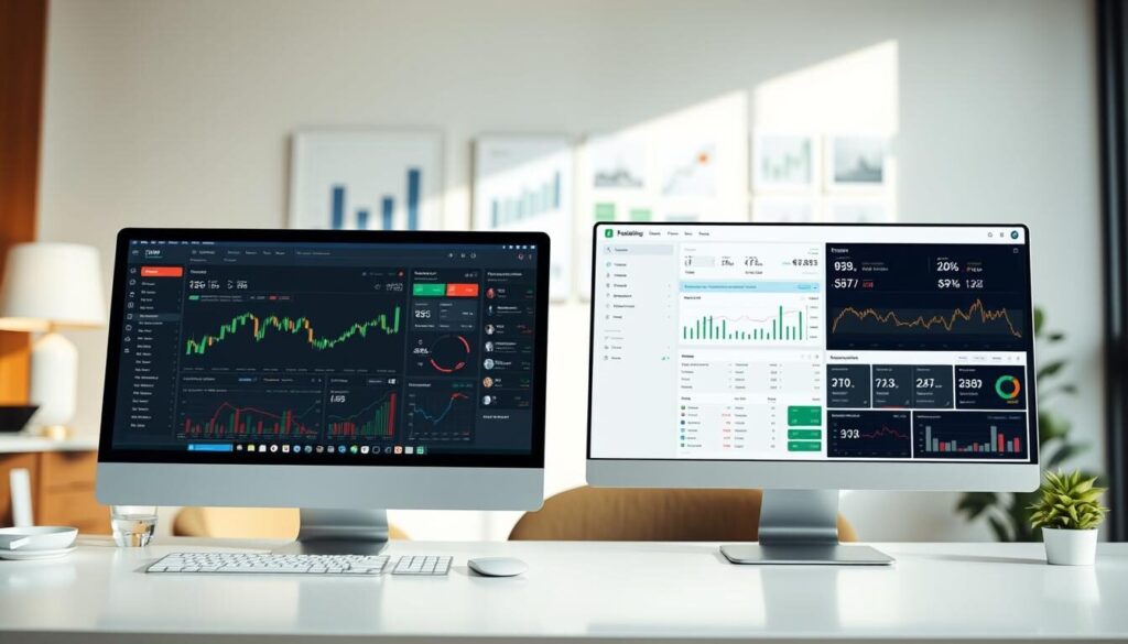A side-by-side comparison of detailed brokerage account interfaces, showcasing key features and metrics. In the foreground, a clean, minimalist desktop displays a brokerage app with interactive charts, trading tools, and account details. In the middle ground, another brokerage platform is visible, featuring a sleek, data-rich dashboard. The background blurs into a calm, professional office setting with hints of financial charts and graphs on the walls. The scene is lit by soft, natural lighting that creates a sense of sophistication and authority, inviting the viewer to explore the nuances of choosing the right brokerage account.