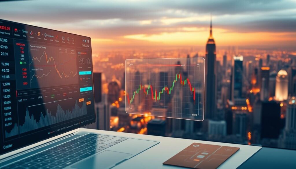 A sleek and futuristic trading interface, with advanced algorithmic tools and automated trading features prominently displayed. The foreground showcases a clean, minimalist dashboard with live market data, analytics, and customizable trading widgets. The middle ground features a 3D holographic model of a stock chart, pulsing with real-time fluctuations. In the background, a panoramic view of a bustling financial district, bathed in warm, diffused lighting that creates a sense of sophistication and technological prowess. The overall scene conveys the power and precision of modern trading, a harmonious blend of man and machine working together to navigate the complexities of the market.