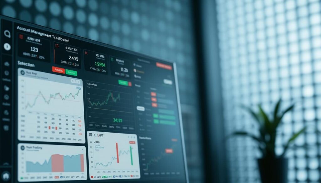 A sleek and intuitive broker dashboard with a clean, minimalist interface. The foreground features a grid of customizable widgets displaying key trading data - asset prices, market trends, portfolio performance. In the middle ground, a sidebar navigation menu with clearly labeled sections for account management, trade execution, and advanced analytics. The background has a subtle, blurred grid pattern suggesting the complex underlying data powering the system. Soft, indirect lighting casts a professional, technocratic ambiance. The overall composition conveys a sense of control, efficiency, and at-a-glance comprehension of the trading environment.