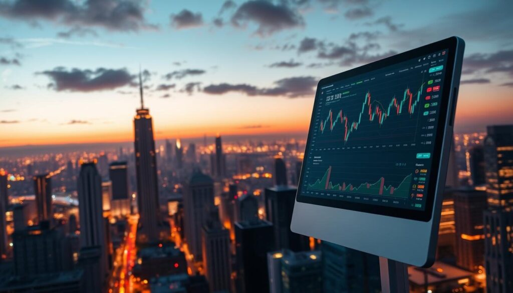 A sleek and intuitive forex trading platform interface, showcasing a variety of analytical tools and real-time market data. A clean and minimalist design, with crisp graphics and smooth animations, set against a backdrop of a futuristic cityscape bathed in warm, ambient lighting. Detailed charts, customizable indicators, and a user-friendly order execution system take center stage, highlighting the platform's advanced features and user-centric approach to the trading experience.