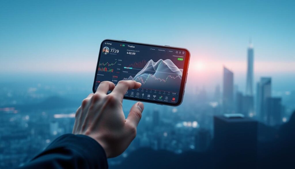 A sleek and intuitive mobile trading app interface floats in a minimalist, high-contrast environment. In the foreground, a user's hand interacts with a touchscreen, navigating a clean dashboard displaying real-time market data, interactive charts, and customizable trading tools. The middle ground features a fluid, organic 3D visualization of market trends, bolstered by a sophisticated algorithmic analysis. The background showcases a serene, futuristic cityscape bathed in a cool, ethereal light, suggesting a sense of technological advancement and global connectivity. The overall mood is one of seamless, efficient, and empowering trading experience on the go.