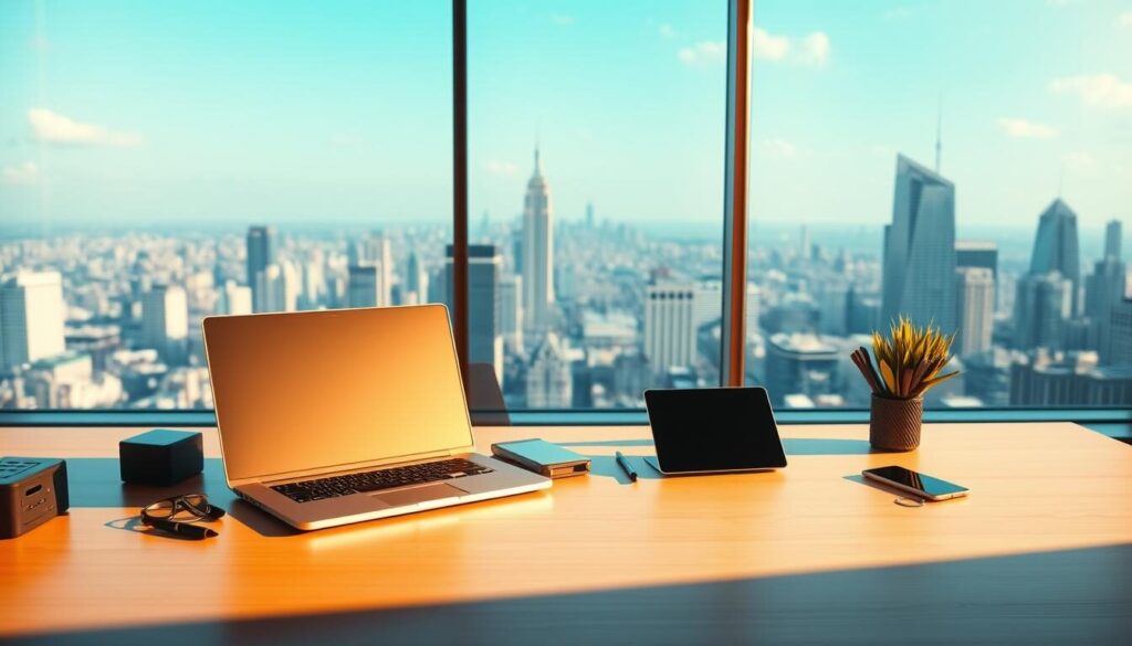 A sleek and minimalist workspace with a laptop, tablet, and various efficiency tools scattered across a clean, wooden desk. Warm, diffused lighting casts soft shadows, creating a focused and productive atmosphere. In the background, a panoramic window offers a view of a bustling city skyline, symbolizing the dynamic world of finance and trading. The overall composition conveys a sense of organization, control, and a streamlined approach to managing trades and investments with the help of Klarna's seamless payment integration.