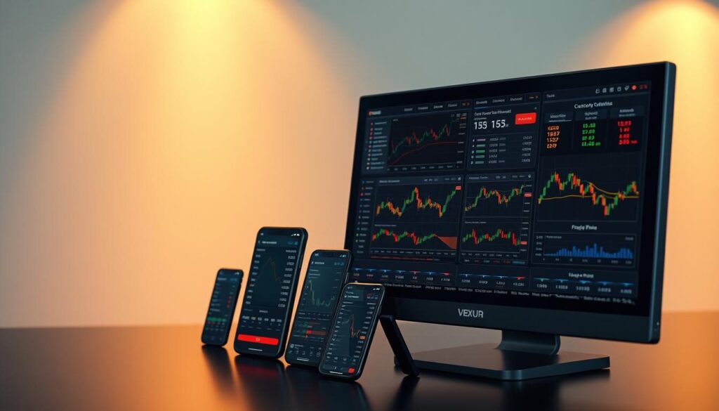 A sleek and modern forex trading platform, meticulously designed with intuitive user interfaces and cutting-edge analytical tools. The foreground showcases a high-resolution display with real-time market data, interactive charts, and customizable trading dashboards. In the middle ground, a series of mobile devices demonstrate the platform's responsive and seamless cross-device experience. The background features a clean, minimalist aesthetic with subtle gradients and geometric shapes, evoking a sense of technological sophistication. Warm lighting casts a soft glow, creating a professional and trustworthy atmosphere. The overall composition conveys the key features of a comprehensive, user-friendly, and powerful forex trading platform.