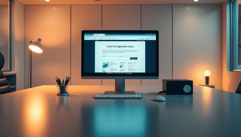 A sleek and modern office interior, with a large desk and a computer monitor showcasing a webpage focused on "Verify FCA Registration Status". The desktop is minimal, with a stylish lamp, a pen holder, and a few carefully placed office accessories. The lighting is warm and inviting, casting a soft glow over the scene. The overall atmosphere conveys a sense of professionalism and attention to detail, reflecting the importance of verifying a broker's regulatory status. The camera angle is slightly elevated, providing a clear view of the desktop and the crucial information displayed on the screen.