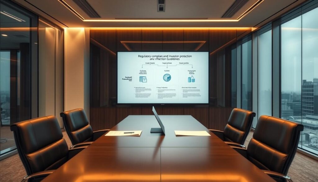 A sleek and modern office interior, with floor-to-ceiling windows overlooking a cityscape. In the foreground, a conference table with leather chairs, upon which documents and a laptop are neatly arranged. On the wall behind, a large display screen shows a diagram of regulatory compliance and investor protection guidelines, with icons and data visualizations. Indirect lighting casts a warm, professional glow, while the overall atmosphere conveys a sense of diligence, transparency, and financial security.