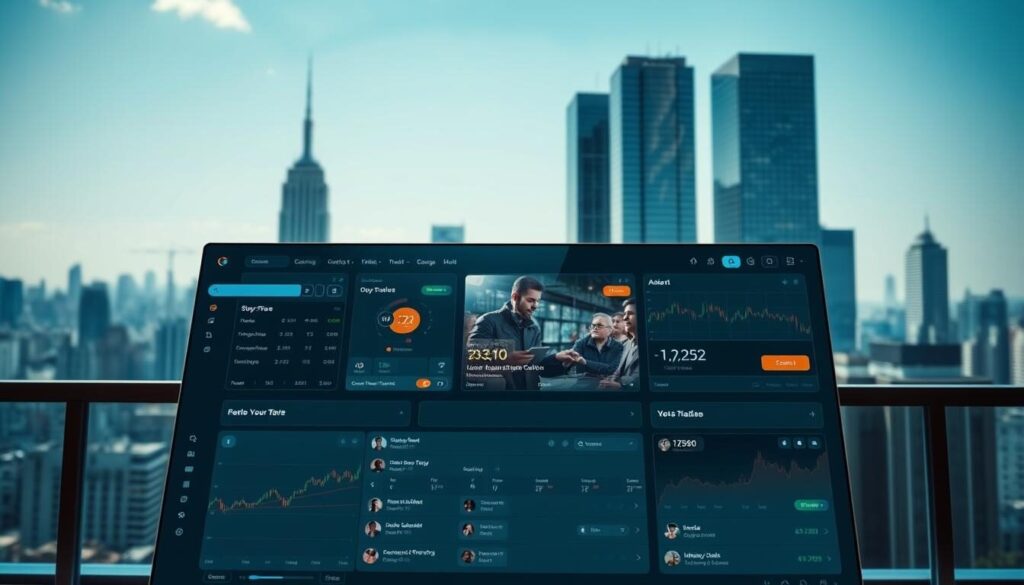 A sleek and modern social trading platform interface, with a clean and intuitive design. The foreground showcases a dashboard-like display with real-time market data, customizable widgets, and intuitive trading tools. The middle ground features a feed of social interactions, such as user-generated content, comments, and activity tracking. The background depicts a cityscape with skyscrapers, reflecting the global reach and connectivity of the platform. The lighting is bright and natural, creating a sense of clarity and professionalism. The camera angle is slightly elevated, providing an overview of the platform's key features and functionalities.