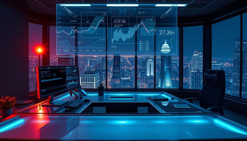 A sleek and modern trading control station, bathed in warm ambient lighting and a soft blue hue. In the foreground, a glass-top desk with a dual-monitor setup, various input devices, and a futuristic-looking trading terminal. Projected holographic charts and data visualizations hover above the desk, providing real-time market insights. In the middle ground, a minimalist ergonomic chair and a sophisticated, low-profile security system with biometric access controls. The background features a panoramic window overlooking a bustling financial district, conveying a sense of power, precision, and the cutting edge of professional trading.