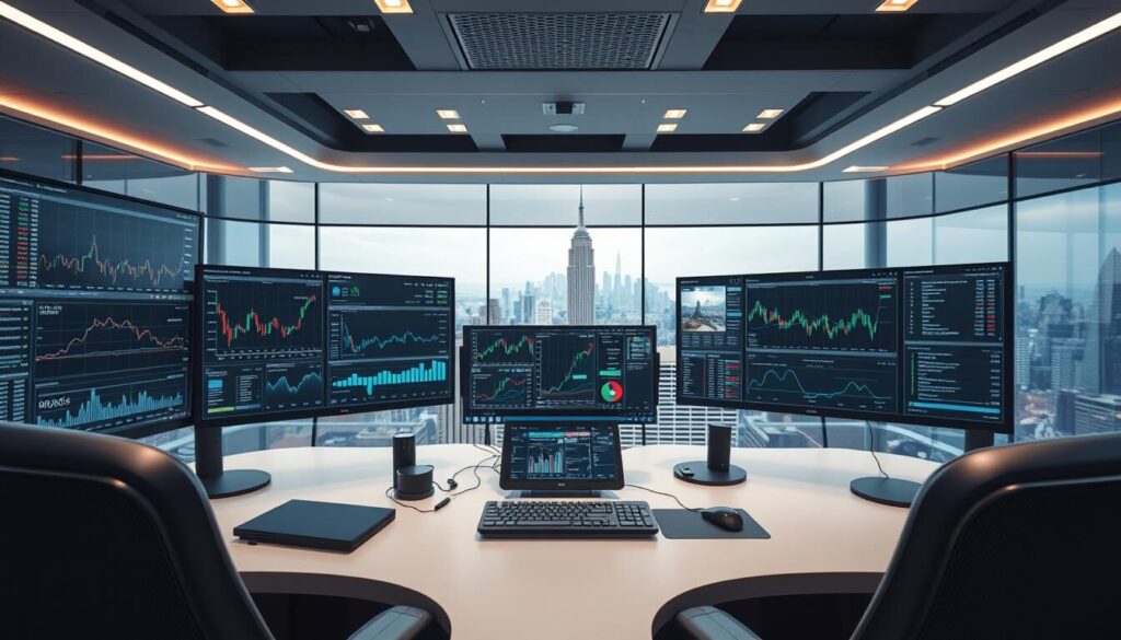 A sleek and modern trading desk with advanced financial tools and analytics displayed on high-resolution monitors. The workspace is well-lit with a mixture of natural and studio lighting, creating a professional and focused atmosphere. In the foreground, a Bloomberg terminal or similar trading platform occupies the center, surrounded by various charts, graphs, and real-time market data. The middle ground features a keyboard and mouse, as well as a tablet or secondary display for additional information. The background showcases a panoramic view of a bustling city skyline, emphasizing the global nature of the financial markets. The overall composition conveys a sense of power, precision, and the cutting-edge technology needed for successful active trading.
