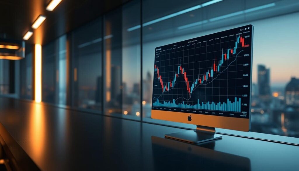 A sleek and modern trading platform illuminated by soft, directional lighting. In the foreground, a high-resolution chart displays dynamic stock price movements, lines and indicators pulsing with real-time data. In the middle ground, a minimalist user interface with clean typography and intuitive controls. The background is a serene, blurred cityscape, conveying a sense of global financial markets. The overall atmosphere is one of efficiency, precision, and technological sophistication, reflecting the high-speed execution standards of the trading platform.