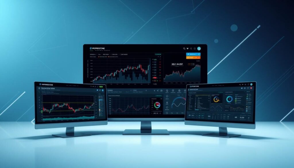 A sleek and modern trading platform interface with a clean, intuitive layout. In the foreground, display the core Pepperstone trading tools - charting, order entry, market analysis - all presented with a minimalist, high-contrast aesthetic. Incorporate subtle textures and gradients to suggest depth and sophistication. In the middle ground, show customizable workspaces and flexible layouts, allowing traders to personalize their experience. The background should convey a sense of precision and technological prowess, with abstract geometric patterns and subtle branding elements. Utilize cool, neutral tones to evoke a professional, enterprise-grade atmosphere. Lighting should be soft and evenly distributed, creating a sense of clarity and focus.