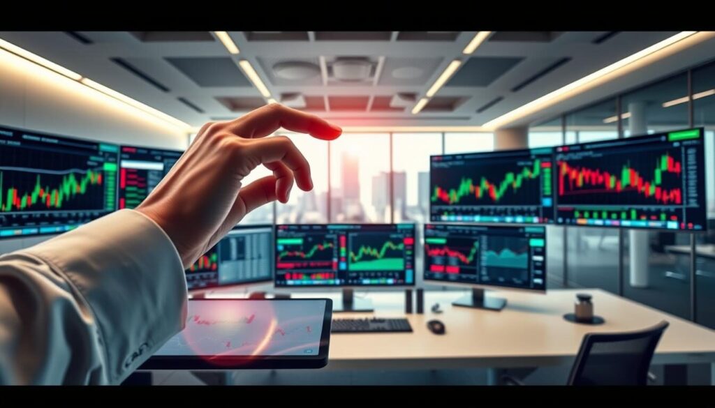 A sleek and modern trading platform, its interface a tapestry of real-time market data, charting tools, and intuitive order management. In the foreground, a trader's hand hovers over a touchscreen, deftly navigating the platform's features. The middle ground features a panoramic view of the trading desk, with multiple high-resolution monitors displaying colorful charts, graphs, and market indicators. The background is a minimalist, well-lit office setting, with clean lines and a hint of the bustling city skyline beyond the windows, conveying a sense of efficiency, focus, and the fast-paced nature of modern Forex trading.