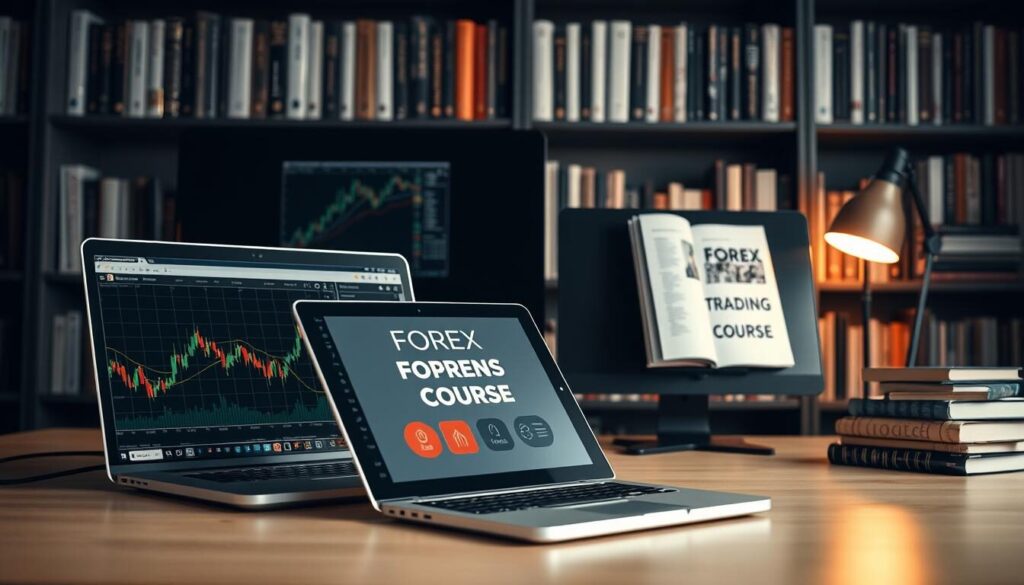 A sleek and modern workspace featuring a variety of forex education tools. In the foreground, a laptop displays a charting application, with a set of technical indicators overlaid. Beside it, a tablet showcases a forex trading course. In the middle ground, a desktop monitor presents a comprehensive trading strategy guide. The background is filled with a bookshelf stocked with finance and investment books, casting a warm glow from the indirect lighting. The overall atmosphere conveys a sense of focused learning and professional development, perfect for a beginner's journey into the world of forex trading.