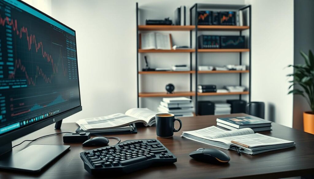 A sleek and modern workspace featuring the essential tools of the retail trader's trade. In the foreground, a high-resolution monitor displays real-time financial data, its crisp display illuminated by soft, indirect lighting. On the desk, a state-of-the-art mechanical keyboard and precision mouse allow for swift, accurate input. In the middle ground, a stack of trading journals and technical analysis books provide a wealth of knowledge, while a cup of freshly brewed coffee sits nearby, fueling the trader's focus. The background features a minimalist, clean-lined aesthetic, with streamlined shelving housing various technical indicators, charting software, and portfolio management tools - the comprehensive kit of a discerning, tech-savvy retail trader.
