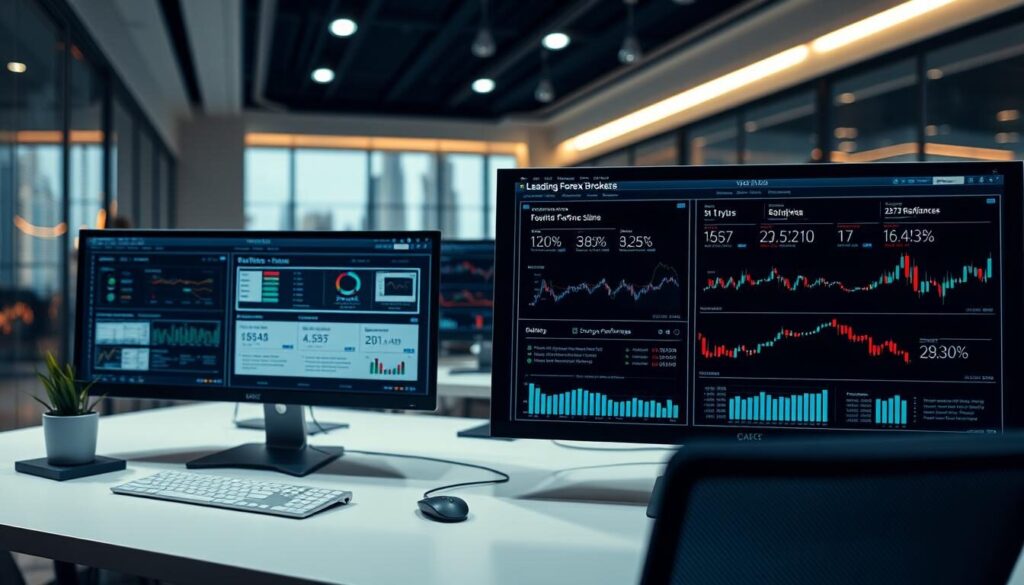 A sleek and professional comparison of leading forex brokers, captured in a high-resolution, wide-angle photograph. The foreground features an array of modern, minimalist desktop displays showcasing key metrics and performance data for top brokers, with clean, legible typography. The middle ground depicts a clean, well-lit office environment with subtle accents of steel, glass, and warm lighting, conveying a sense of authority and trust. The background provides a muted, out-of-focus cityscape, hinting at the global nature of the forex market. The overall mood is one of sophistication, clarity, and informed decision-making.
