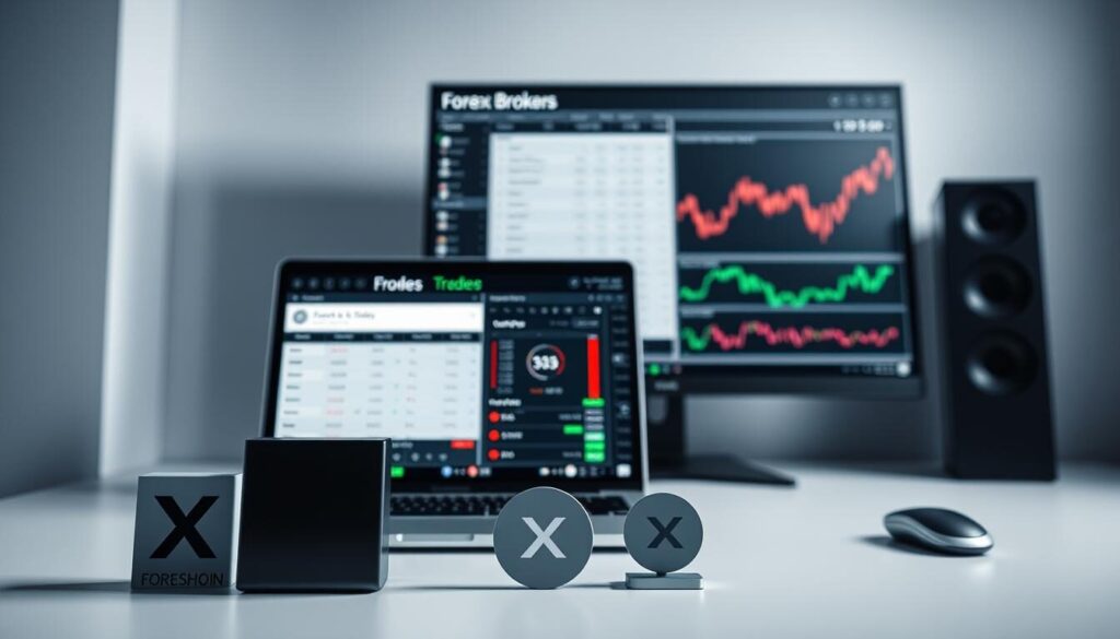 A sleek and professional desktop scene showcasing the top forex brokers. In the foreground, crisp icons and logos for reputable brokers like XYZ, ABC, and LMN stand out against a clean, minimalist background. The middle ground features a laptop displaying an in-depth broker comparison, with charts, performance metrics, and user ratings. In the background, a large monitor displays a comprehensive forex market analysis, conveying the expertise and authority of these leading brokers. The lighting is soft and directional, creating a sense of sophistication and attention to detail. The overall mood is one of trust, reliability, and a deep understanding of the forex trading landscape.