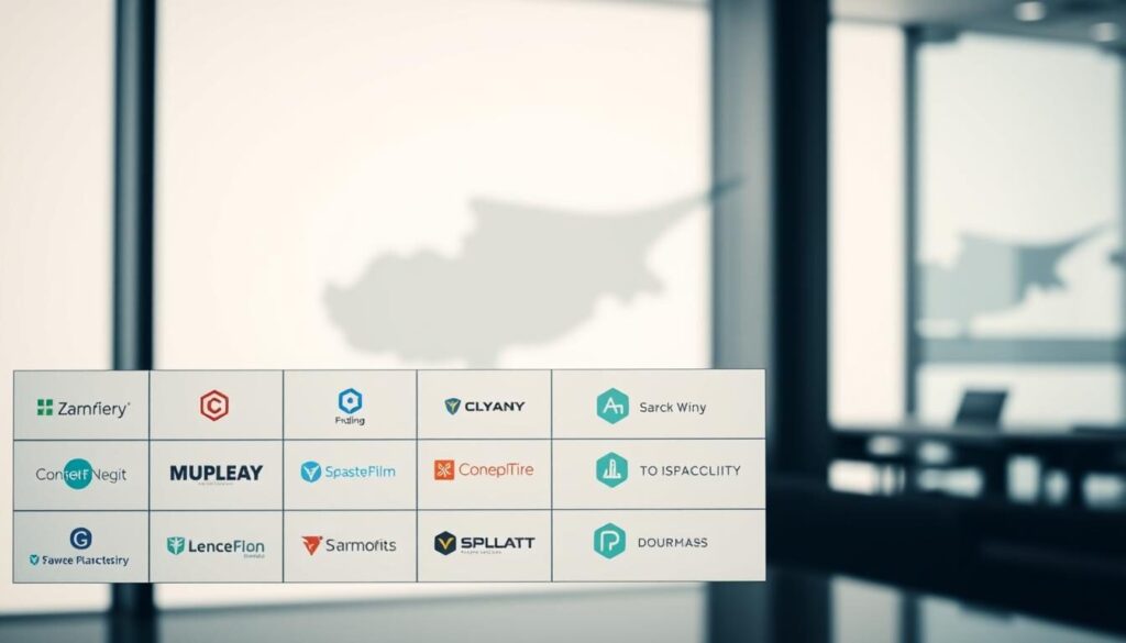 A sleek and professional-looking comparison of leading Cypriot forex brokers, captured in a stylized, minimalist aesthetic. The foreground showcases a grid of broker logos, each displayed with a clean and modern typeface against a neutral background. The middle ground features abstract geometric shapes, like overlapping rectangles or hexagons, in a soft color palette of grays, blues, and greens, suggesting the complexity and nuance of the brokerage landscape. The background is slightly blurred, perhaps evoking a sense of depth and emphasizing the focal point of the broker comparison. Subtle lighting casts a gentle glow, creating an air of sophistication and authority. The overall composition is balanced, visually striking, and conveys a sense of the high-caliber, comprehensive nature of the "Best Forex Brokers in Cyprus" roundup.