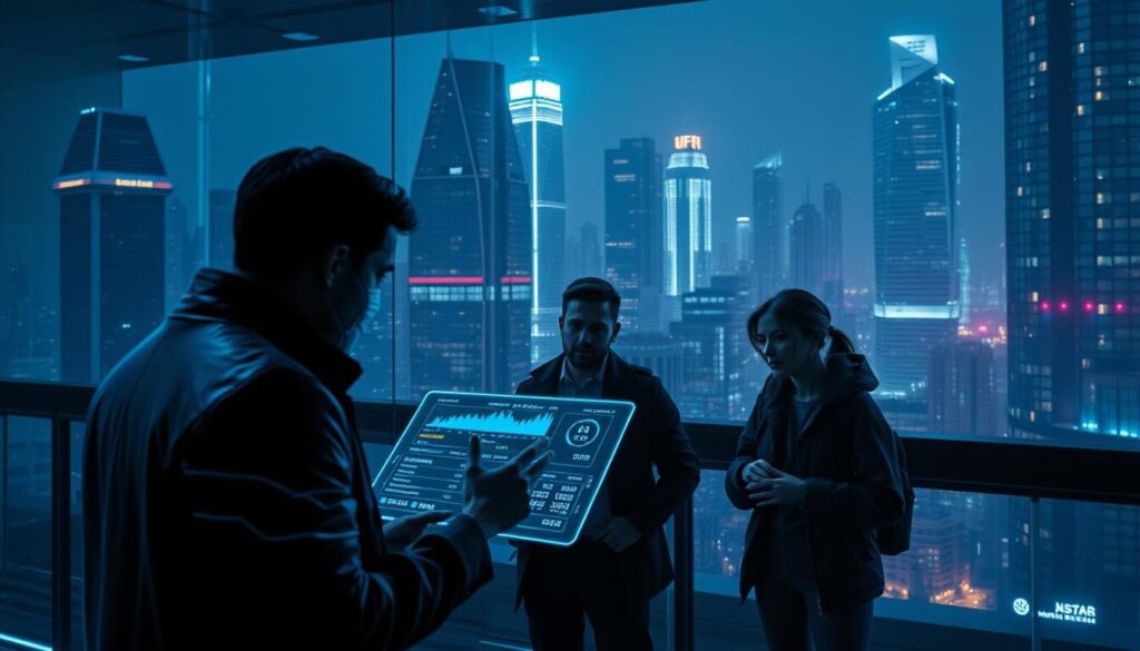 A sleek, futuristic crypto funding process set in a dimly lit, high-tech environment. In the foreground, a holographic interface displays financial data and transaction details, illuminated by cool neon accents. In the middle ground, a trio of cyberpunk-inspired characters gesticulate animatedly, negotiating the intricacies of a cryptocurrency investment. The background features a cityscape of towering skyscrapers, their windows glowing with the artificial light of a bustling financial district. The scene is bathed in a cool, bluish hue, creating an atmosphere of technological sophistication and digital wealth.