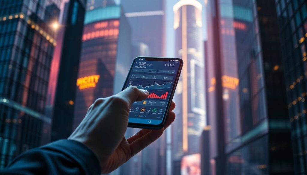 A sleek, futuristic mobile trading app interface hovers in a dimly lit, metallic environment. The app's dashboard displays real-time market data, interactive graphs, and intuitive trading tools. In the foreground, a hand navigates the touchscreen, while the background showcases a cityscape of towering glass skyscrapers, bathed in a warm, neon glow. The scene evokes a sense of power, precision, and innovation in the world of mobile finance. The lighting is dramatic, with a cinematic depth of field that draws the viewer's attention to the central action. The overall mood is one of technological sophistication and the seamless integration of trading solutions into everyday life.
