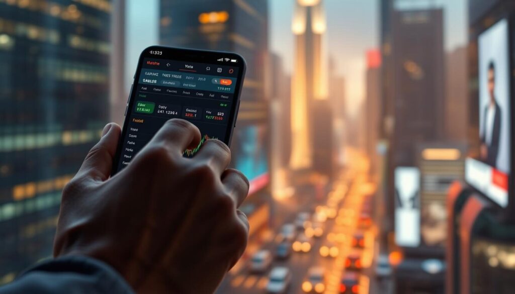 A sleek, futuristic mobile trading app interface set against a backdrop of a bustling financial district. The app's icons and menus are crisp and intuitive, designed for easy one-handed navigation. In the foreground, a trader's hand taps and swipes the responsive touchscreen, executing trades with precision. Warm, diffused lighting casts a subtle glow, creating a sense of focus and professionalism. The cityscape in the distance is partially obscured by a depth-of-field blur, drawing the viewer's attention to the app's elegant design and functionality. An atmosphere of efficiency, convenience, and the power of mobile finance pervades the scene.