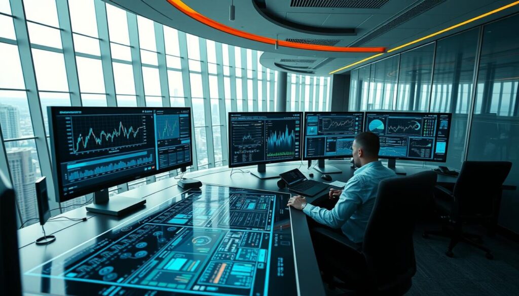 A sleek, futuristic trading platform with large, holographic displays showcasing real-time market data and complex financial analytics. The foreground features a minimalist user interface with intuitive controls and customizable dashboards. The middle ground boasts a cutting-edge, multi-monitor setup with traders closely monitoring their investments. In the background, a panoramic view of a modern, high-rise office with floor-to-ceiling windows, conveying a sense of sophistication and technological prowess. Soft, indirect lighting creates a serene and focused atmosphere, while the camera angle suggests a bird's-eye view, emphasizing the platform's advanced capabilities and the trader's commanding oversight of the financial markets.