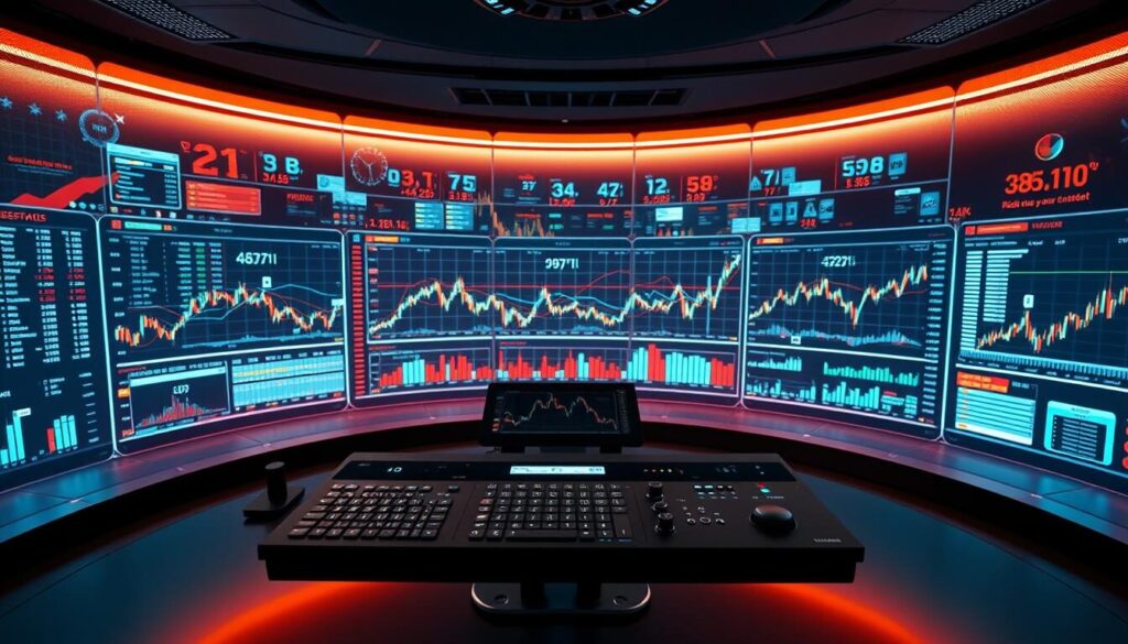 A sleek, high-tech trading terminal with a panoramic, holographic display showcasing advanced charting tools, live market data, and intuitive trading interfaces. The foreground features a minimalist, ergonomic control panel with customizable hotkeys, precision input devices, and tactile feedback. The middle ground depicts a spectrum of dynamic price graphs, technical indicators, and order management systems. The background immerses the user in a futuristic, data-rich environment with seamless information flow, glowing interfaces, and a sense of control and precision. Subtle ambient lighting, smooth camera angles, and a sense of digital elegance convey the power and sophistication of this advanced trading platform.