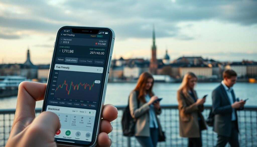 A sleek, intuitive mobile trading platform set against the backdrop of the iconic Stockholm cityscape. In the foreground, a user-friendly interface showcases real-time market data, seamless order execution, and advanced charting tools. In the middle ground, a group of professionals on the go interact with their devices, immersed in the dynamic world of global finance. The background features the picturesque skyline of Sweden's capital, with its timeless architecture and the tranquil waters of the Riddarfjärden. Soft, diffused lighting creates a polished, contemporary atmosphere, while a subtle depth of field draws the viewer's attention to the platform's streamlined functionality.