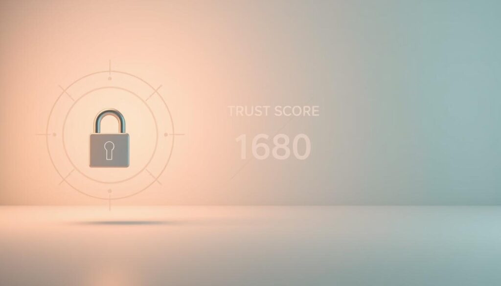 A sleek, minimalist composition depicting a trust score security concept. In the foreground, a stylized padlock icon or security badge hovers against a backdrop of subtle geometric patterns, evoking a sense of digital authentication and verification. The middle ground features a clean, modern infographic displaying a numeric trust score or rating, rendered in a neutral yet authoritative typeface. The background is a soft, muted gradient, providing a calming, professional atmosphere. Balanced lighting casts gentle shadows, lending depth and a sense of three-dimensionality to the overall image. The overall aesthetic conveys a feeling of trustworthiness, reliability, and secure financial transactions.