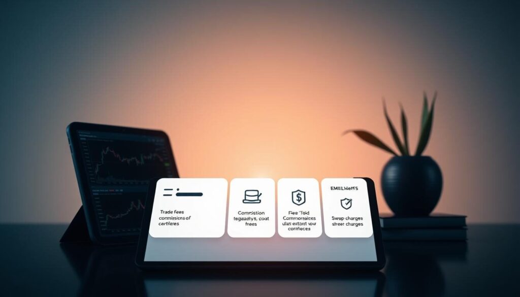 A sleek, minimalist composition showcasing the key aspects of forex CFD trading costs. In the foreground, a modern digital device displays detailed financial data and charts, reflecting the analytical nature of the subject matter. The middle ground features simplified visual representations of the various trading fees, commissions, and swap charges, presented in a clean and organized manner. The background carries a subtle, subdued tone, emphasizing the professionalism and seriousness of the financial landscape. Soft, directional lighting casts a warm, authoritative glow over the scene, creating a sense of trust and reliability. The overall aesthetic is one of precision, clarity, and attention to detail, effectively conveying the importance of understanding the nuances of forex CFD trading costs.