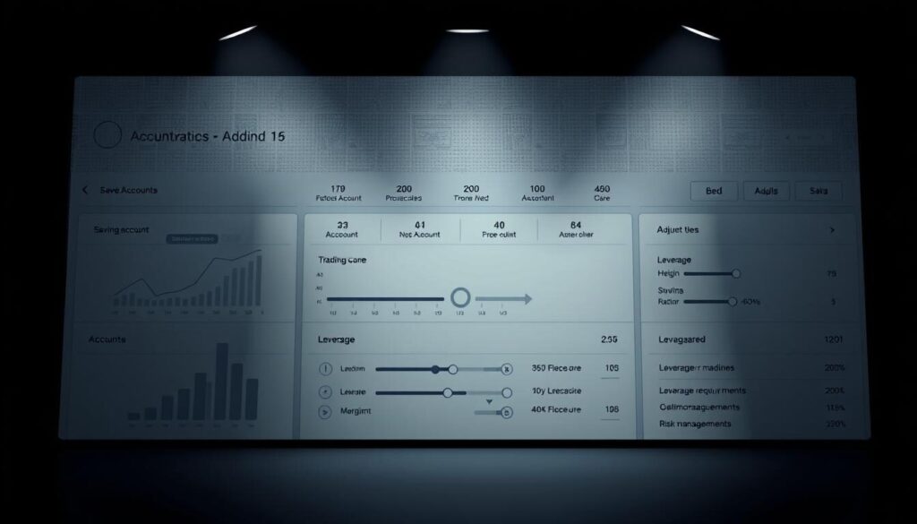 A sleek, minimalist financial dashboard with a crisp, high-contrast interface. In the foreground, various account types are displayed as clean, geometric icons - a savings account, a trading account, and a leveraged trading account. The middle ground showcases a set of sliding toggles and options for adjusting leverage ratios, margin requirements, and risk management tools. The background features a subtle grid pattern in muted tones, suggesting the precision and structure of the financial markets. Dramatic overhead lighting casts dramatic shadows, creating a sense of depth and visual interest. The overall aesthetic is sophisticated, data-driven, and tailored for the Japanese financial landscape.