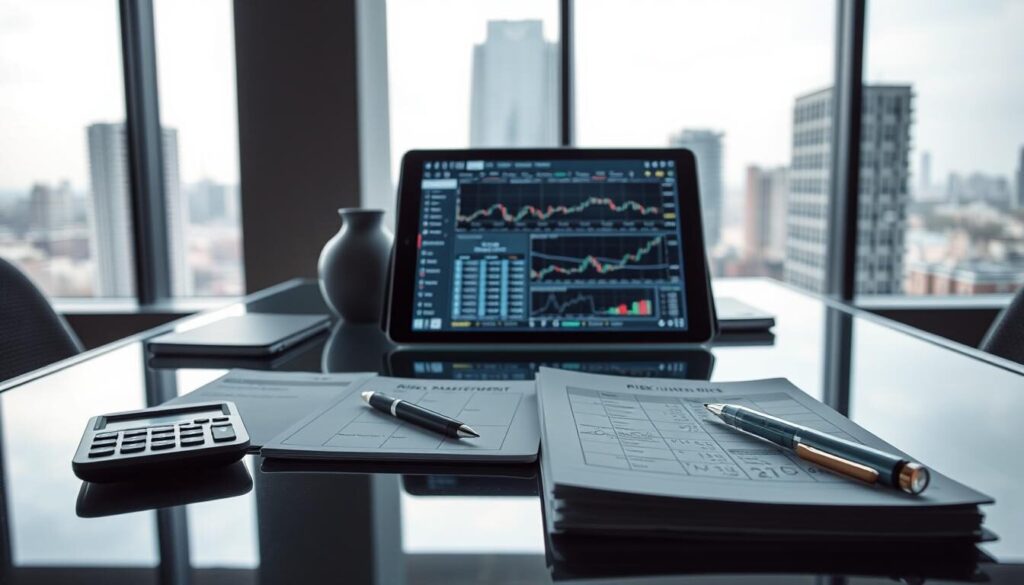 A sleek, minimalist office setting with a glass-topped desk displaying various financial tools and documents. In the foreground, a calculator, a pen, and a notebook with detailed risk management diagrams. The middle ground showcases a tablet displaying a sophisticated trading platform, while the background features large windows overlooking a modern cityscape. The lighting is soft and diffused, creating a professional and contemplative atmosphere. The overall scene conveys a sense of diligence, prudence, and a commitment to risk mitigation strategies in the trading environment.