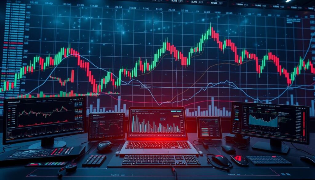 A sleek, modern algorithmic trading interface set against a backdrop of a richly detailed stock market chart. In the foreground, a series of interactive dashboards and visualization tools, their interfaces holographic and responsive, with data streams flowing in real-time. In the middle ground, a vast array of customizable trading workflows and automation modules, their controls meticulously laid out. The overall atmosphere is one of precision, efficiency, and technological sophistication, with a cool, futuristic lighting scheme casting an elegant glow over the entire scene.