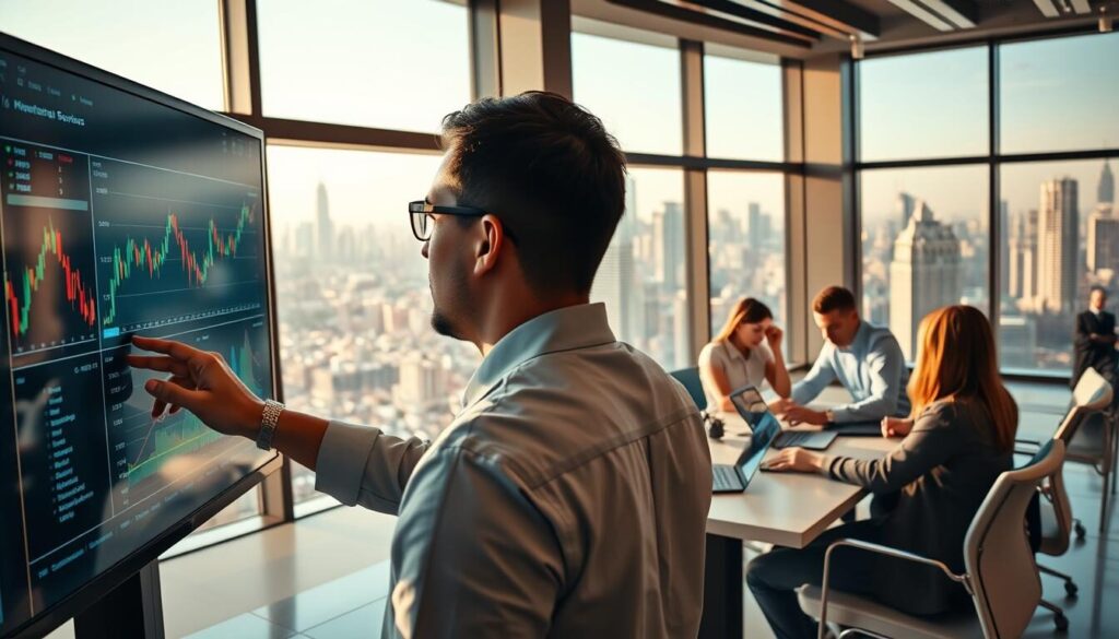 A sleek, modern brokerage office filled with cutting-edge technology. In the foreground, a broker reviews stock charts on a high-resolution touchscreen monitor, their fingers gliding across the display. In the middle ground, a team of analysts collaborates around a conference table, poring over data visualizations on their laptops. The background features a panoramic window overlooking a bustling financial district, the city skyline gleaming in the afternoon sun. Bright, warm lighting illuminates the space, creating a professional and innovative atmosphere. The overall scene conveys the seamless integration of technology and human expertise in the world of broker services.