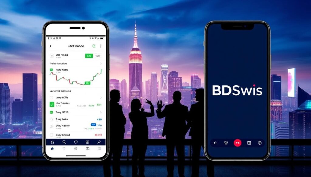A sleek, modern comparison of two leading mobile trading platforms, LiteFinance and BDSwiss, set against a backdrop of a cityscape. In the foreground, two smartphones display the trading interfaces, showcasing their intuitive designs and advanced features. The middle ground features silhouettes of traders gesturing, reflecting the platforms' focus on international accessibility. The background captures a vibrant, futuristic urban landscape with skyscrapers, neon lights, and a sense of global connectivity. The overall scene conveys the platforms' ability to empower mobile and international traders, reflecting the section's title.