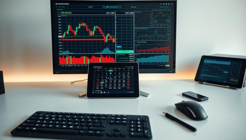 A sleek, modern desk showcasing an array of technical analysis tools. In the foreground, a high-resolution monitor displays candlestick charts, Bollinger Bands, and moving averages - essential indicators for market research. Surrounding the display, a professional-grade mouse, keyboard, and stylus sit ready for detailed market analysis. In the middle ground, a tablet device shows an economic calendar, providing insights into upcoming economic events. The background is a clean, minimalist workspace with subtle lighting, creating a focused, productive atmosphere for financial decision-making.