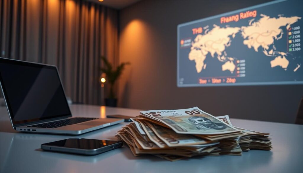 A sleek, modern desk with a laptop, smartphone, and a pile of Thai baht banknotes prominently displayed. In the background, a world map and currency exchange rate charts projected on the wall, casting a warm glow. The scene is lit by a combination of natural daylight and subtle, indirect lighting, creating a professional, yet inviting atmosphere. The overall composition conveys a sense of efficiency and expertise in navigating currency conversions and THB deposits for forex trading.