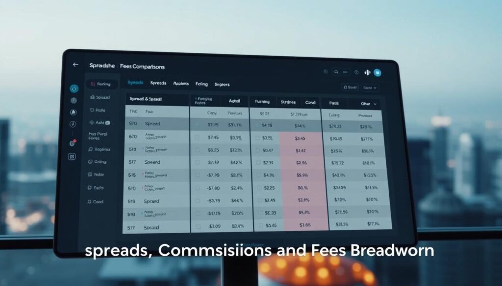 A sleek, modern financial dashboard comparing the forex fee structures of various brokers. In the foreground, a clean, minimalist UI displays a side-by-side comparison of spreads, commissions, and other fees, with clear, easy-to-understand visualizations. The background features a subtle, blurred cityscape, conveying a sense of the global financial markets. The lighting is soft and directional, creating depth and highlighting the key information. The overall tone is professional, informative, and visually appealing, perfectly suited to illustrate the "Spreads, Commissions, and Fees Breakdown" section of the article.