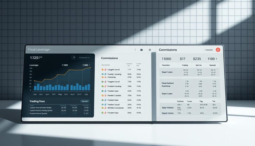 A sleek, modern financial dashboard displaying a detailed comparison of leverage ratios and trading fees. The foreground features two interactive panels with intuitive visualizations - one showcasing leverage levels from 1:1 to 1:100, the other detailing a breakdown of commission structures and spreads. The middle ground depicts a clean, minimalist interface with crisp typography and strategically placed data points. In the background, a subtle grid pattern creates a sense of balance and professionalism, complemented by muted tones of gray, blue, and white that evoke a tone of authority and credibility. Lighting is soft and directional, casting gentle shadows that lend depth and dimension to the scene. The overall mood is one of precision, clarity, and financial expertise.