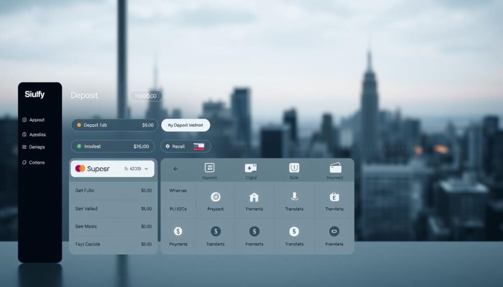 A sleek, modern financial dashboard showcasing various deposit and funding options. The foreground features a clean, minimalist interface with prominently displayed deposit amounts, currency symbols, and intuitive deposit buttons. The middle ground highlights an array of payment method icons including credit/debit cards, digital wallets, and bank transfers. The background depicts a subtle, blurred cityscape evoking a sense of financial stability and reliability. Soft, directional lighting creates depth and highlights key elements, while a muted color palette conveys professionalism. The overall composition strikes a balance between functionality and aesthetic appeal, reflecting the section's focus on accessible and user-friendly deposit and funding features.