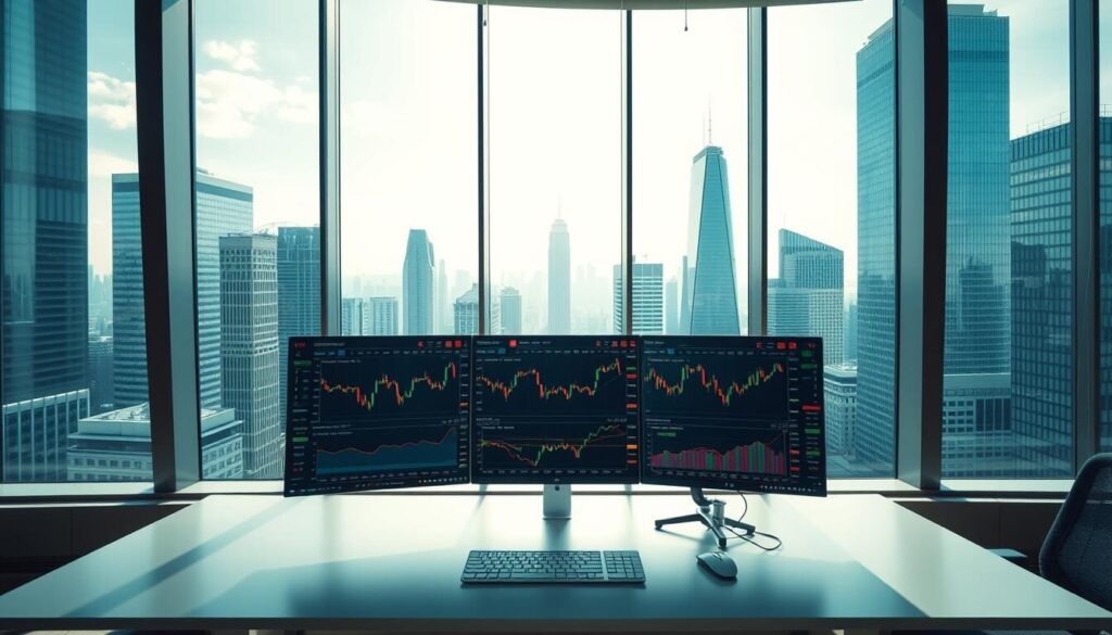 A sleek, modern financial trading platform with a clean and intuitive user interface. Displaying various chart types, market data, and trading tools against a backdrop of skyscrapers, showcasing the fast-paced world of global markets. The platform is illuminated by natural daylight filtering through large, floor-to-ceiling windows, creating a bright and professional atmosphere. The scene is captured from an elevated angle, giving a comprehensive view of the trading dashboard and the bustling cityscape in the distance. The overall mood is one of efficiency, technology, and the thrill of financial transactions.