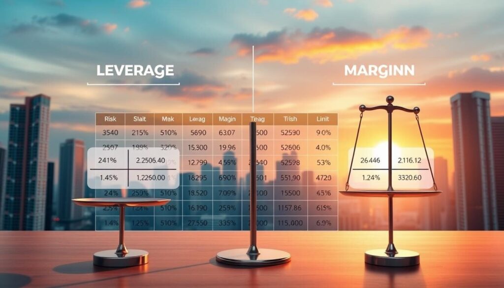 A sleek, modern infographic depicting leverage and margin concepts in the forex trading context. In the foreground, a set of balanced scales symbolizes the relationship between leverage, margin, and risk. The middle ground showcases a grid of currency pairs, each with dynamic leverage and margin ratios. In the background, a minimalist cityscape with high-rise buildings and a vibrant sky conveys the fast-paced, global nature of the forex market. The scene is illuminated by warm, directional lighting, creating depth and emphasizing the key visual elements. The overall aesthetic is clean, informative, and designed to educate beginner forex traders on these crucial trading mechanics.