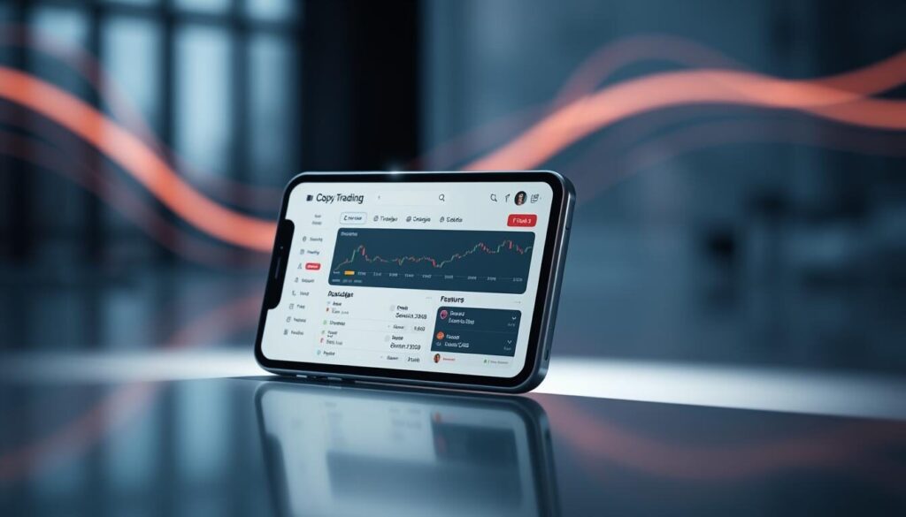A sleek, modern mobile device displaying a forex trading dashboard, showcasing copy trading tools and features. The screen is illuminated by a soft, directional light, casting subtle shadows and highlights that accentuate the design elements. The device is placed on a minimalist, polished surface, with a blurred, abstract background that suggests a professional, technology-driven environment. The overall mood is one of sophistication, efficiency, and the seamless integration of mobile trading innovations.