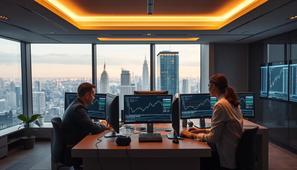 A sleek, modern office interior with a 24/7 forex trading support desk in the foreground. The desk is staffed by friendly, professional-looking individuals, surrounded by high-resolution monitors displaying real-time market data. Warm, indirect lighting illuminates the space, creating a calming and efficient atmosphere. In the background, a large window offers a panoramic view of a bustling financial district, symbolizing the 24/7 global nature of the forex market. The overall scene conveys a sense of reliable, responsive customer service and a commitment to supporting traders around the clock.