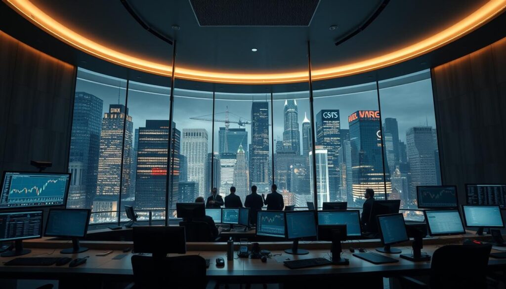 A sleek, modern office interior with a large, curved glass wall overlooking a bustling financial district. In the foreground, a high-tech trading desk with multiple monitors and input devices, showing real-time market data and order execution interfaces. Muted lighting reflects off the polished surfaces, creating a refined, professional atmosphere. In the middle ground, a team of traders and analysts intently monitoring the screens, their faces illuminated by the digital displays. The background depicts the skyline of a major financial hub, with towering skyscrapers and a glimpse of the city's vibrant energy. The overall scene conveys a sense of precision, control, and the cutting-edge technology powering the world of finance.