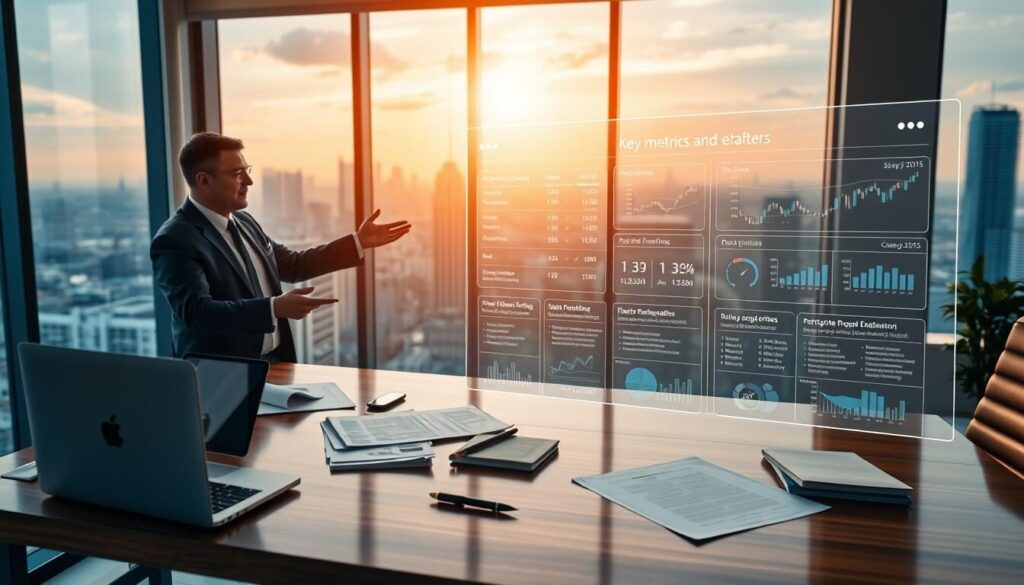 A sleek, modern office interior with floor-to-ceiling windows overlooking a bustling city skyline. In the foreground, a polished wooden desk with a laptop, pen, and various financial documents. Across the desk, a well-dressed financial advisor gestures towards a holographic display showcasing key metrics and evaluation criteria for selecting the best forex brokers. The middle ground features a wall-mounted interactive dashboard with real-time market data, performance charts, and user-friendly interfaces. The background is bathed in a warm, focused lighting, creating a professional and authoritative atmosphere.