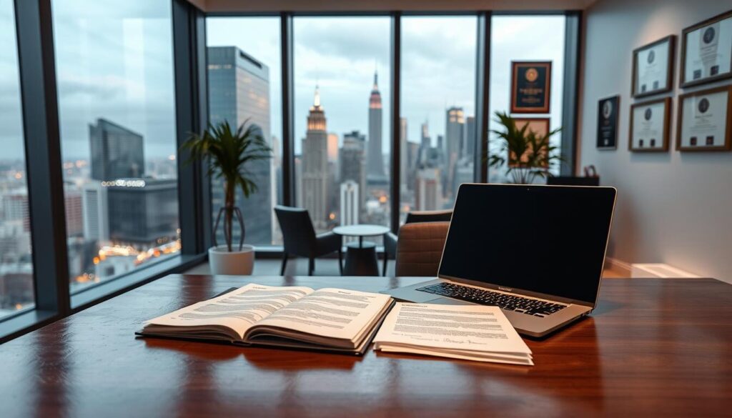 A sleek, modern office interior with floor-to-ceiling windows overlooking a bustling city skyline. In the foreground, a polished wood desk displays an array of legal documents and a laptop, symbolizing the regulatory compliance standards governing the financial industry. Framed certificates and awards adorn the walls, exuding a sense of professionalism and credibility. Soft, warm lighting casts a subtle glow, creating an atmosphere of transparency and trust. The overall scene conveys the importance of adhering to strict regulations and guidelines in the forex brokerage business.