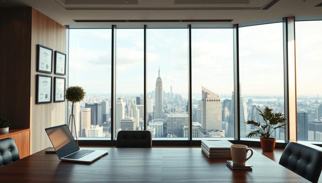 A sleek, modern office interior with floor-to-ceiling windows overlooking a bustling financial district. In the foreground, a large, wooden desk with a laptop, a stack of regulatory documents, and a cup of coffee. On the walls, framed certificates and awards highlighting the company's commitment to compliance. Soft, directional lighting casts a warm glow, creating a sense of professionalism and trust. In the background, a panoramic view of the city skyline, symbolizing the global reach of the forex trading industry. The overall atmosphere conveys a sense of authority, diligence, and transparency - essential qualities for a reputable financial services provider.
