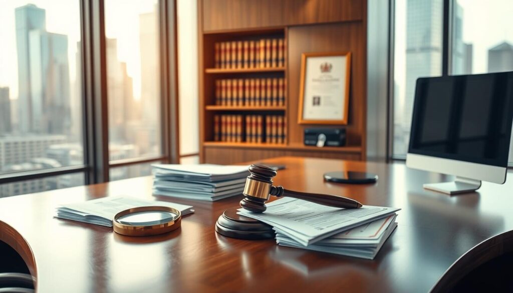 A sleek, modern office interior with large windows bathing the room in warm, natural light. In the foreground, a polished wooden desk features stacks of financial documents and a well-organized computer setup. On the desk, a magnifying glass and a gavel symbolize the regulatory oversight governing the trading activities. In the middle ground, a bookshelf lined with legal volumes and a framed certificate depicting a national emblem convey a sense of professionalism and industry compliance. The background showcases a cityscape of skyscrapers, hinting at the global financial landscape this trader's activities operate within. The overall atmosphere exudes an aura of diligence, transparency, and a strong commitment to regulatory best practices.